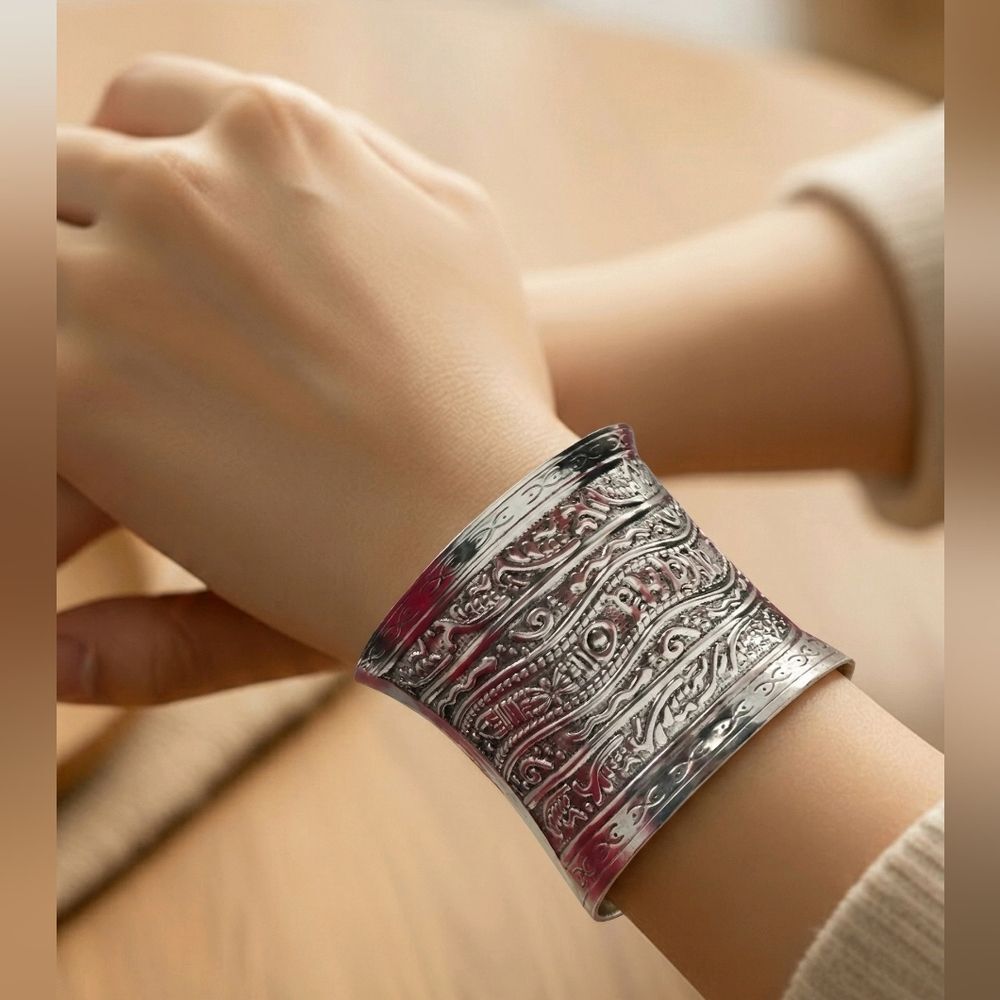 Silver Hieroglyphic Cuff Bracelet Wide Egyptian Statement Bangle Ancient Inspo